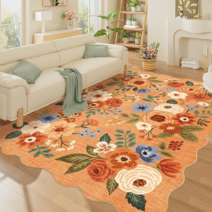 DUKINO 5x7 Area Rugs for Bedroom, Floral Washable Rug Non Slip, Orange | Low Pile, Soft, Stain Resistant Throw Rugs for Living Room, Dining Room, Office, Nursery, Pet Friendly, Modern Home Decor