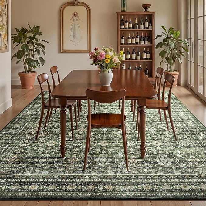 8x10 Area Rugs for Living Room Green Washable Non-Slip Large Carpet | Soft Boho Area Rug for Bedroom Dining Room Home Office Indoor Nursery, Stain Resistant, Low Pile, Vintage Distressed Rug