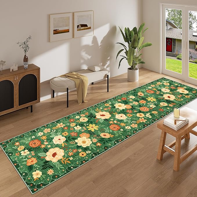 DUKINO 2.6x10 Hallway Runner Rug Washable Kitchen Rugs Non Slip Dark Green | Soft, Low Pile, Floral Indoor Floor Rug Runner for Entryway, Bedroom, Bathroom, Laundry, Pet Friendly, Home Decor, Ultra-Thin