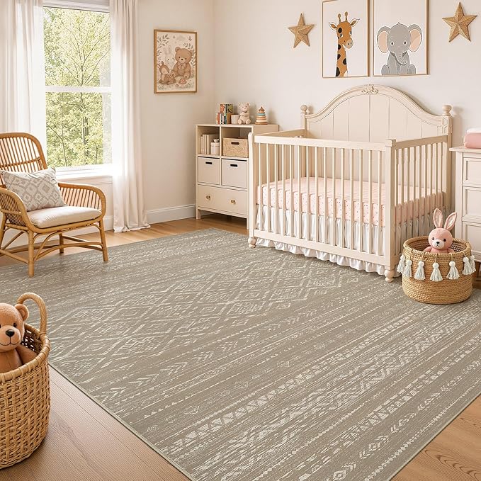 Nakagishi Area Rug Living Room Rugs: 8x10 Large Soft Machine Washable Boho Moroccan FarmNeutral Stain Resistant Indoor Floor Carpet for Bedroom Under Dining Table Home Office Decor-Dark Brown
