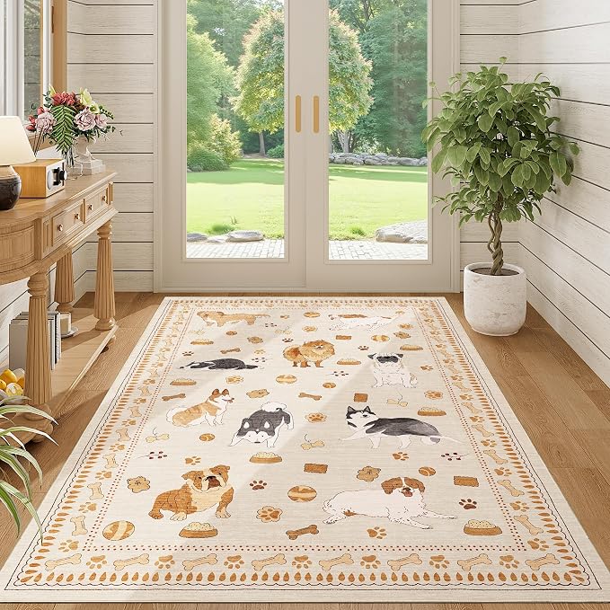 DUKINO 4x6 Area Rug, Washable Dog Rug for Living Room Non Slip Beige Yellow | Low Pile, Stain Resistant, Soft Animal Carpet for Bedroom Office Dorm Dining Room Kids Room Farmhouse, Kid & Pet Friendly