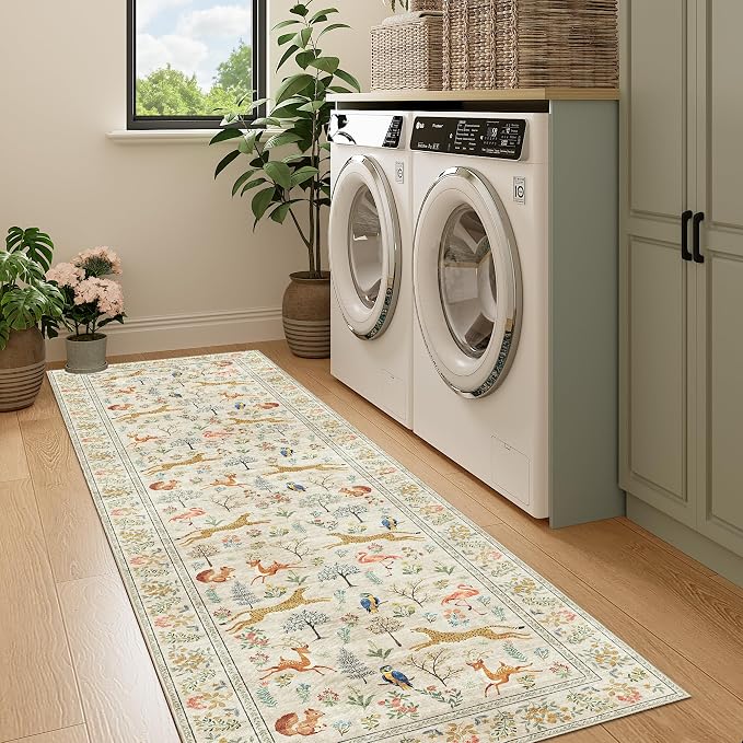 DUKINO 2x7 Runner Rug for Hallway, Washable Kitchen Rugs Non Slip, Beige | Low Pile, Stain Resistant, Animal Indoor Carpet Runner for Hallway, Entryway, Bedroom, Bathroom, Lightweight, Pet Friendly