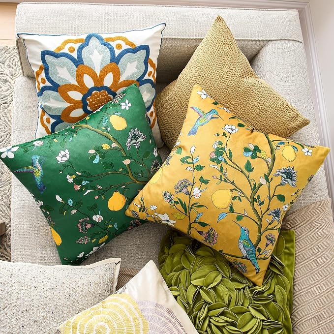 MUSSEL Green Floral Vintage Decorative Pillow Covers 18x18 Set of 2 | Soft Velvet,Wild Flower Plant,Throw Pillows Case,Square,Colorful Farmhouse Cushion Covers,Home Sofa Bed Couch Decor