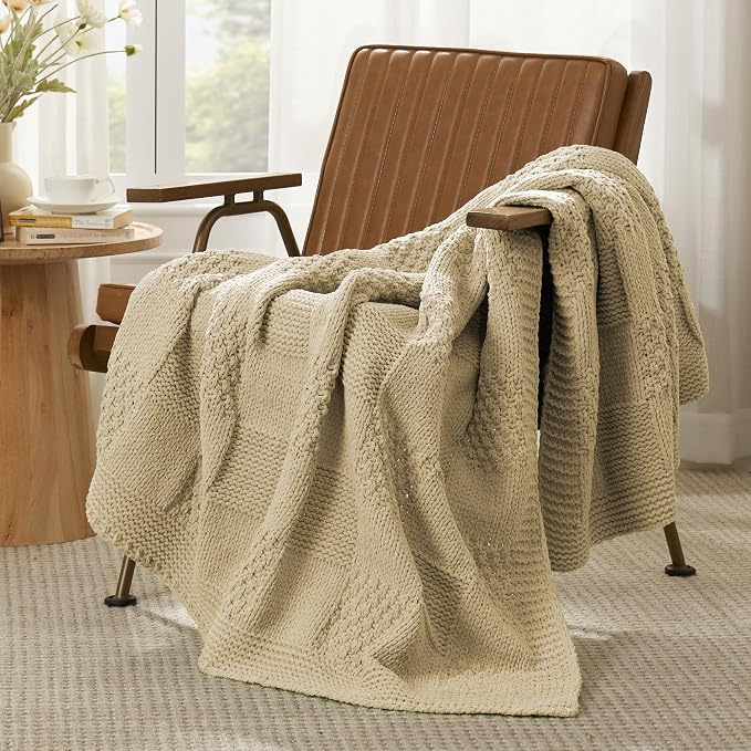 Knit Throw Blanket, Soft Chenille Cozy Breathable Checkered Chunky Decorative Blanket for Couch, Bed & Sofa, French-Inspired Lightweight Warm Gift for Women, Beige, 50"x60"