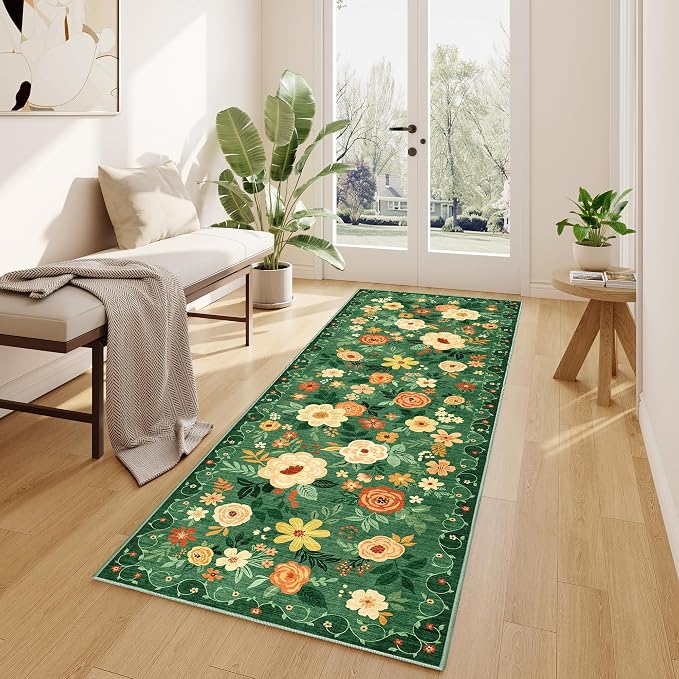 DUKINO 2x6 Runner Rug for Hallway Washable Kitchen Rugs Non Slip Dark Green | Low Pile, Soft, Floral Indoor Rug for Entryway, Bedroom, Laundry, Bathroom, Pet Friendly, Lightweight, Modern Home Decor