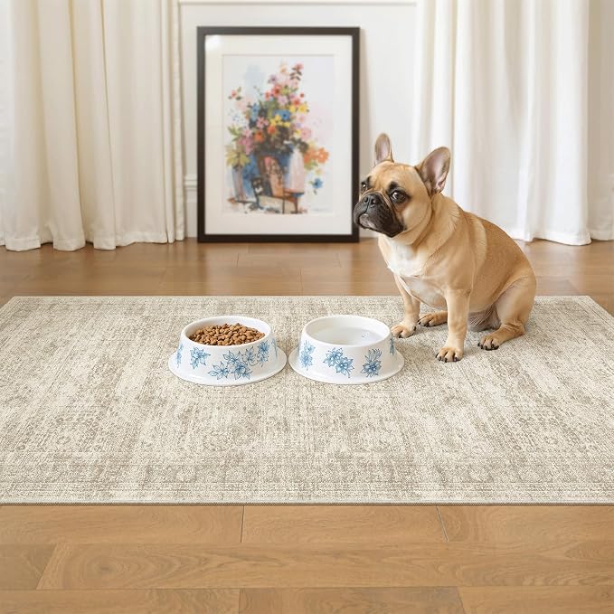 Soalmost 2x4 Washable Rugs for Kitchen, Entryway, Small Area Rug Beige | Non-Slip Vintage Low Pile Throw Door Mat For Bathroom Entry Laundry Powder Room, Stain Resistant Indoor Entrance Floor Carpet