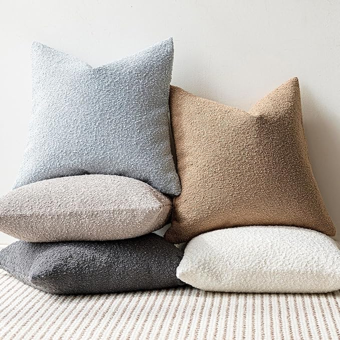 Foindtower Set of 2, Decorative Textured Boucle Throw Pillow Covers Accent Solid Pillow Cases Soft Cozy Couch Cushion Case for Chair Sofa Bedroom Living Room Home Decor 16 x 16 Inch Taupe Khaki Camel