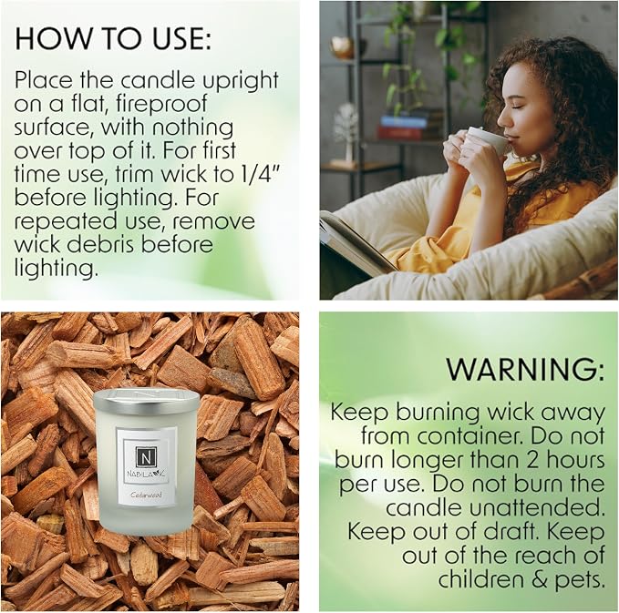 Nabila K - Cedarwood - Soy Candle with Essential Oils - Hand-Poured in USA - Cotton Wick - Aromatherapy - Blend of Cedarwood, Patchouli, Eucalyptus, Vanilla, Lemon, Eucalyptus & More - 14 oz
