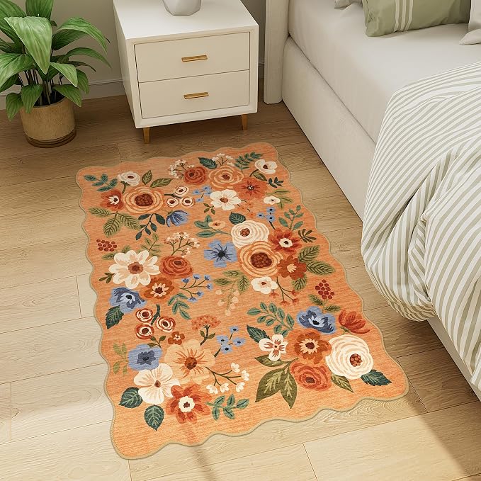 DUKINO 2x3 Rugs for Entryway, Floral Door Mat Washable Kitchen Rugs, Orange | Non Slip, Low Pile, Soft Small Rugs for Entrance, Bedroom, Bathroom, Laundry, Pet Friendly, Non-Shedding, Modern Home Decor
