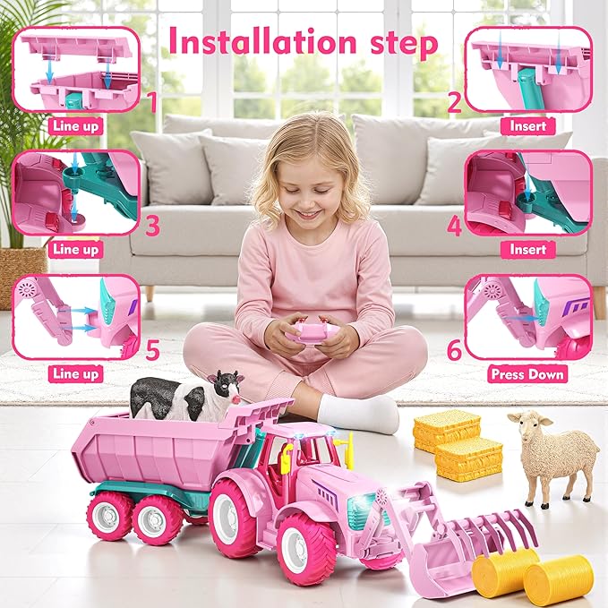 Funwee 2.4GHz RC Tractor Toy w/Light & Music, Kid Farm Car Toy w/Front Loader & Farm Animal, RC Tractor Trailer Truck Vehicle Toy for Boy Girl Age 3 4 5 6 7+ Year Old Christmas Birthday Gift (Pink)