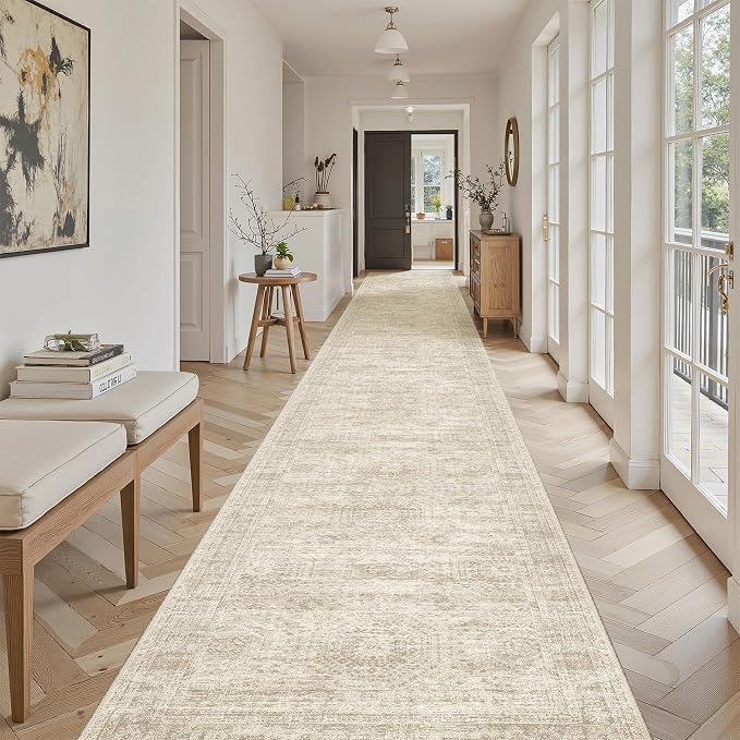 Soalmost Washable 3x20 Hallway Runner Rug Non-Slip Kitchen Entry Rugs Beige | Vintage Extra Long Runners 20ft for Bathroom Entryway, Foldable Low-Pile Wide Floor Carpet for Corridor Living Room Bedroom