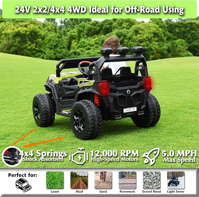 sopbost 24V Ride On Car with Remote Control 4x4 Battery Powered 4 Wheels Ride On Toy for Kids Electric Vehicle with EVA Tire, Bluetooth, Green