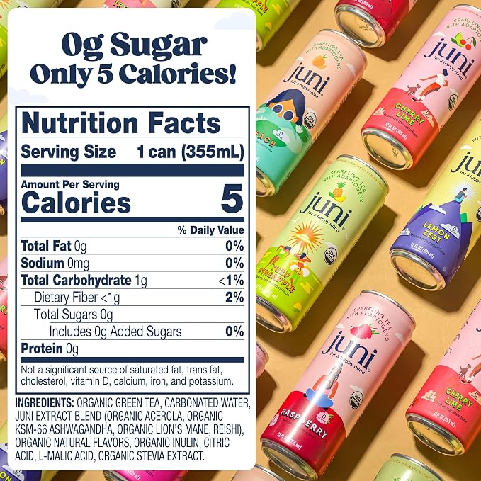Juni Sparkling Adaptogen Drink with Ashwagandha, Lion’s Mane & Reishi Mushrooms | Green Tea for Focus, Zero Sugar, 5 Calories, Organic | Non Alcoholic Drinks - Raspberry 12 pack
