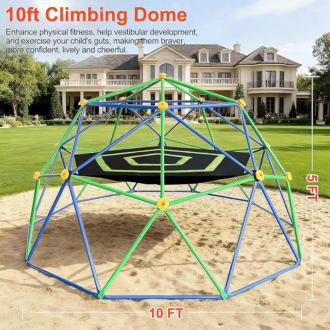 10FT Geometric Dome Climber for Kids 3-12 - Heavy Duty 1000LB Capacity Jungle Gym with Hammock & Climbing Grips, Outdoor Backyard Play Equipment, Easy Assembly