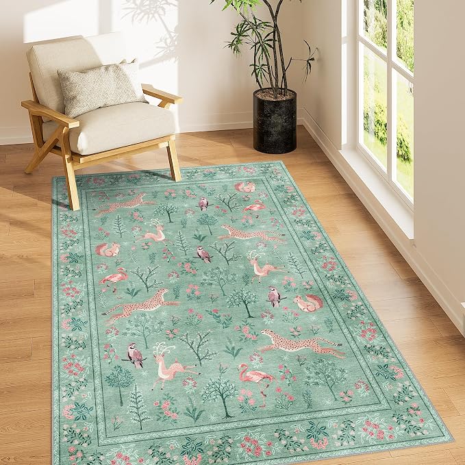 DUKINO 3x5 Rug, Washable Animal Area Rug for Bedroom Non Slip, Teal | Low Pile, Stain Resistant, Soft Indoor Carpet for Living Room, Kitchen, Dining Room, Nursery, Lightweight, Pet Friendly