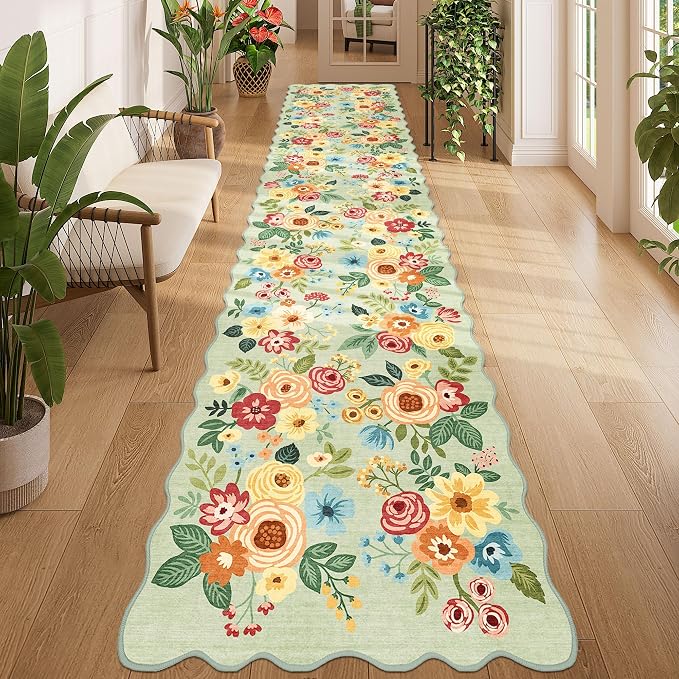 DUKINO 2.6x12 Washable Runner Rug, Floral Non Slip Long Kitchen Rug, Green | Low Pile, Stain Resistant, Soft Throw Rugs Runner for Hallway, Entryway, Bedroom, Bathroom, Modern Home Decor, Non-Shedding