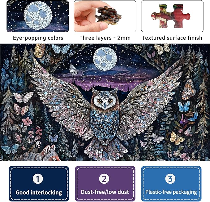 Glow-in-The-Dark Owl Puzzles for Adults 1000 Pieces, Difficult Challenging Unique Puzzle for Adults,6 Colors on Back Jigsaw Puzzles, Size 26.6x19.2