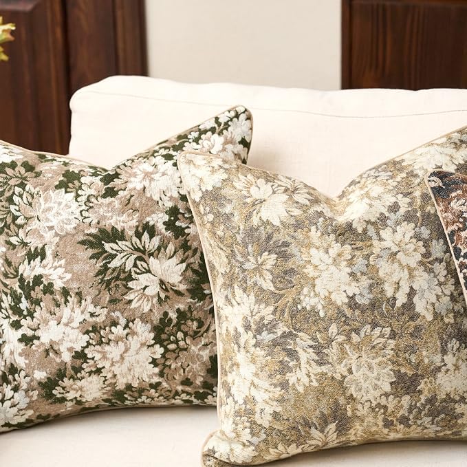 Neutral Floral Pillow Cover 20 x 20 Inches, Vintage Chenille Square Throw Pillow Cover Soft Decorative Farmhouse Accent Couch Pillow Cover for Living Room Bedroom, Green