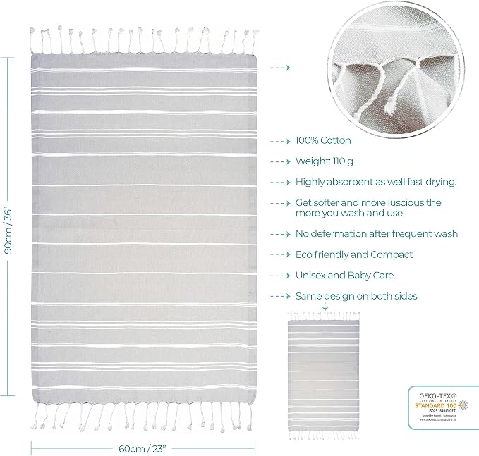 Cacala 100% Turkish Cotton Kitchen Tea Towels, Highly Absorbent Luxury Soft Quick Drying Dish Towel with Hanging Loop for Gym, Yoga, Bath, Sports, Cleaning and Kitchen (23 x 36), Silvergrey