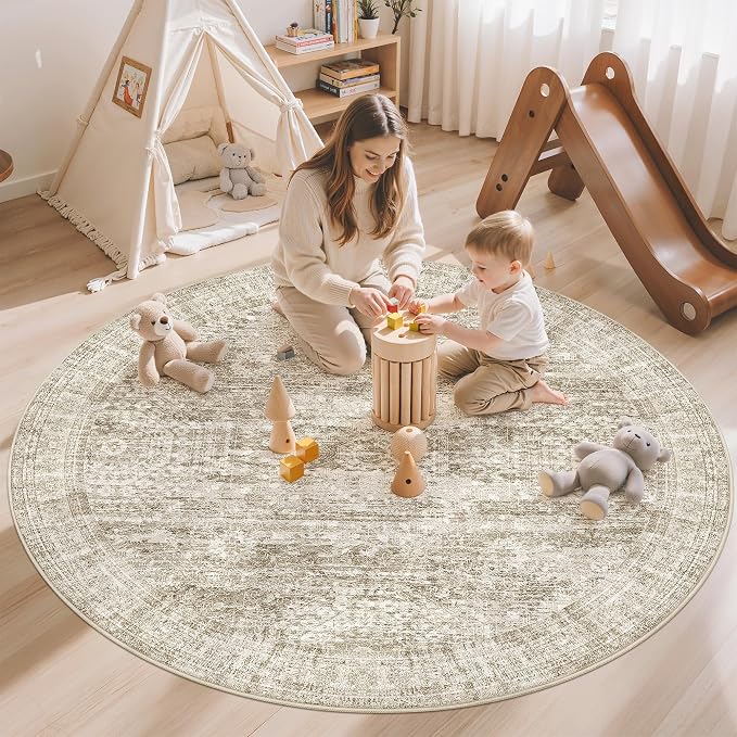 Soalmost 5x5 Brown Round Rug 6ft Circle Living Room Area Rugs Non-Slip | Washable Vintage Indoor Carpet for Dining Bedroom, Low Pile Stain Resistant Foldable Floor Mat Entryway Home Office Decor
