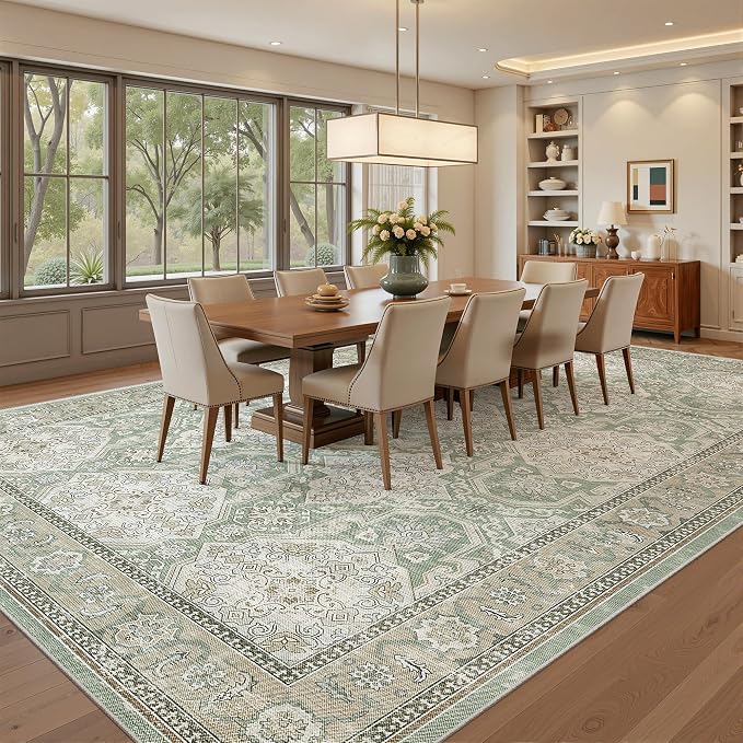 Soalmost 9x12 Area Rugs for Living Room Washable Rug Non-Slip Green/Brown | Large Vintage Stain Resistant Carpet for Dining Bedroom, Low Pile Lightweight Foldable Floor Mat Nursery Home Office Decor