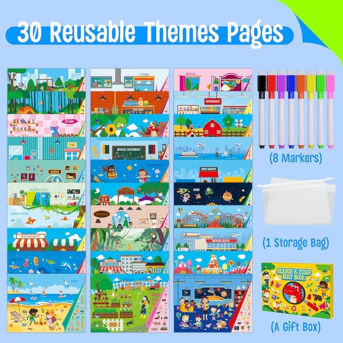 Search & Find Book, 30 Different Themes 32 Pages Activities Book, Montessori Learning Toy Educational Game Autism Sensory Toys for Preschool Girls and Boys Ages 3, 4, 5, 6