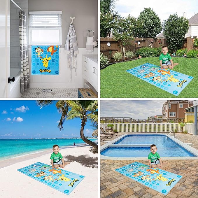 Franco Kids Super Soft Cotton Beach Towel, 58 in x 28 in, Pokemon