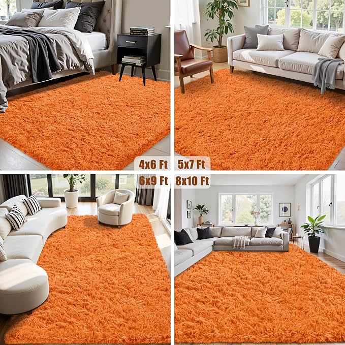 8x10 Area Rug for Living Room:Ultra Soft Fluffy Shag Brown Rugs,Large Fuzzy Plush Indoor Non Slip Carpet Washable Rug for Bedroom Kids Nursery Office Dorm Modern Decor(Orange 8'x10')
