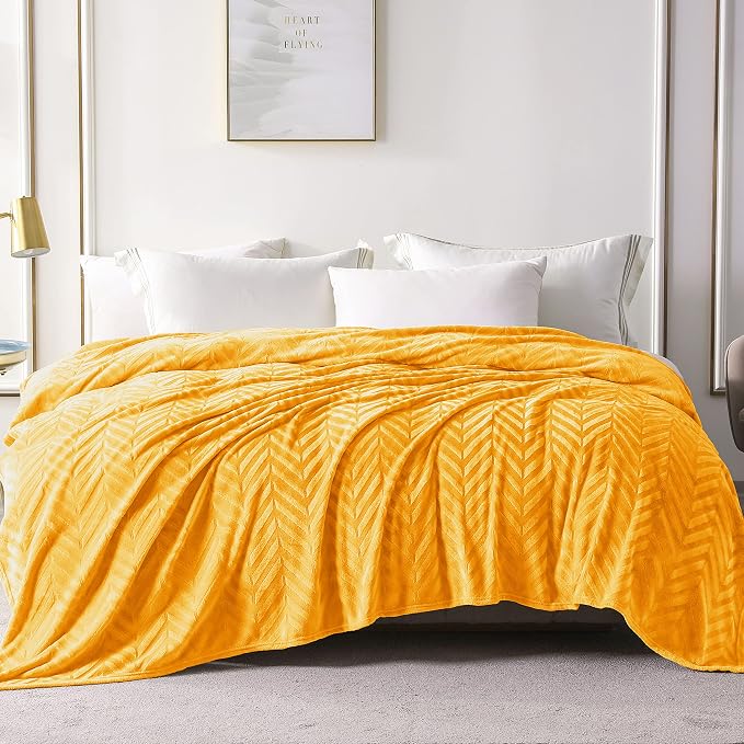 Whale Flotilla Flannel Fleece Fall Bed Blanket Queen Size, Lemon Yellow | Lightweight Breathable Soft Bedspread, Plush Fluffy Coverlet Chevron Design Decorative Blanket for Home Life, 90x90 Inch
