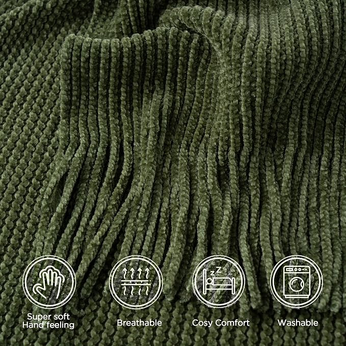 BATTILO HOME Olive Green Throw Blanket for Couch, 50"x60" | Soft Chenille Knit Throw Blanket with Tassels for Home Decor, Dark Green Throw for Couch Cover