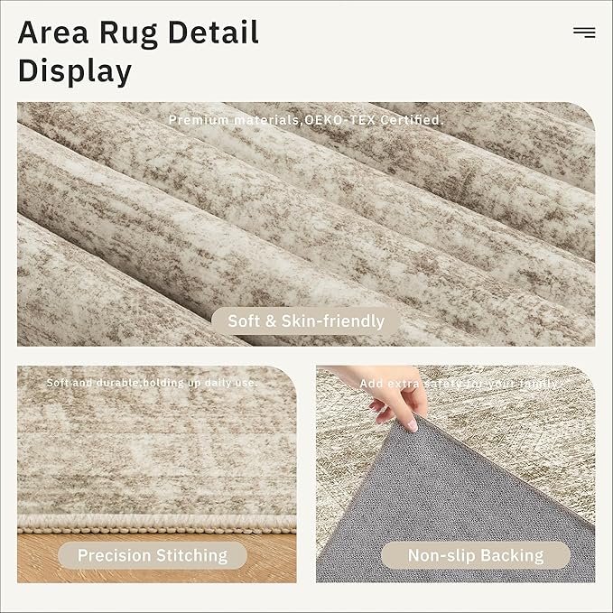 Soalmost 12x15 Washable Area Rugs Soft Living Room Rug Abstract Brown | Large Vintage Carpet Non-Slip for Dining Bedroom, Low Pile Thin Stain Resistant Foldable Indoor Floor Mat Home Office Decor