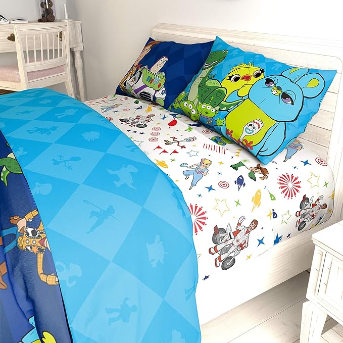 Jay Franco Kids Sheet Set with Fitted, Flat Sheets & Pillow Cover - Ultra-Soft Bedding with Pillowcase for Room Decor, White - Toy Story, 4 Piece Full