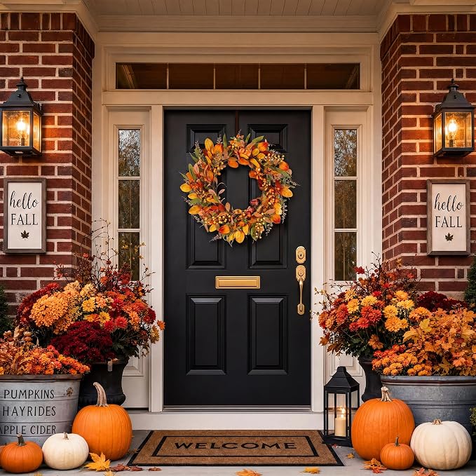 20" Fall Wreath Front Door Pumpkin Artificial Wall Decor Farmhouse Autumn Wreath Thanksgiving Home Porch Outdoor Indoor Holiday Harvest Decor