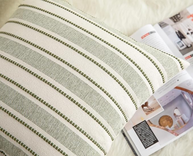 Cethom Decorative Boho Throw Pillow Covers, Farmhouse Textured Pillow Case, 22 x 22 Inch Set of 2, Chair Sofa Bedroom Living Room Home Decor Couch Cushion Case, Olive Green and Beige Striped