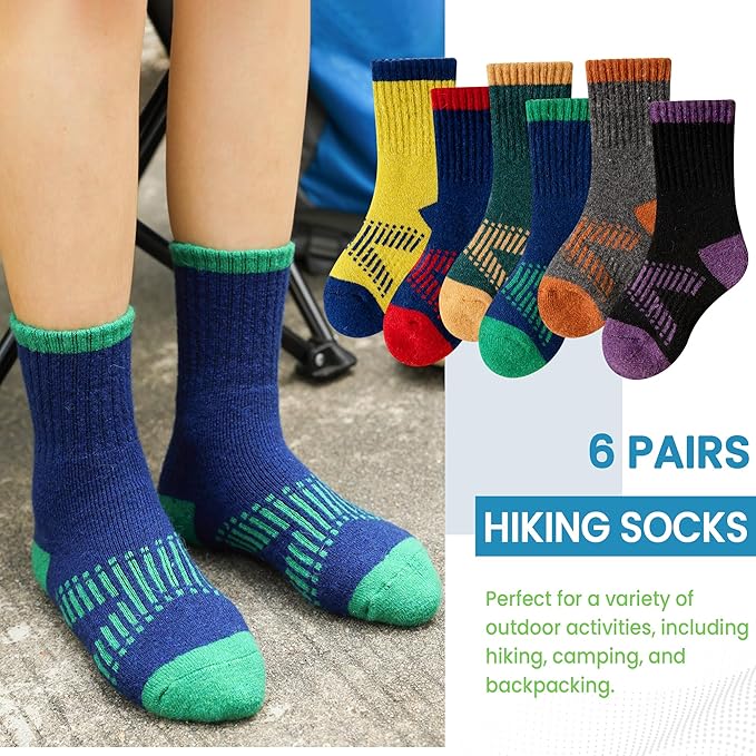 WEVIAS Kids Merino Wool Hiking Socks Boys Thermal Winter Cozy Boot Warm Cushion Socks 6 Pairs