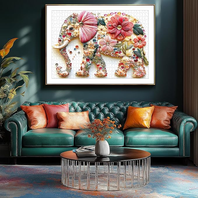 1000 Pieces Puzzle for Adults Cute Colorful Elephant with Flowers Crystal Jewelry Embroidery Design Animal Jigsaw Puzzles with Letters on Back Challenging Adult Puzzles for Game Night (27.6"x19.7")