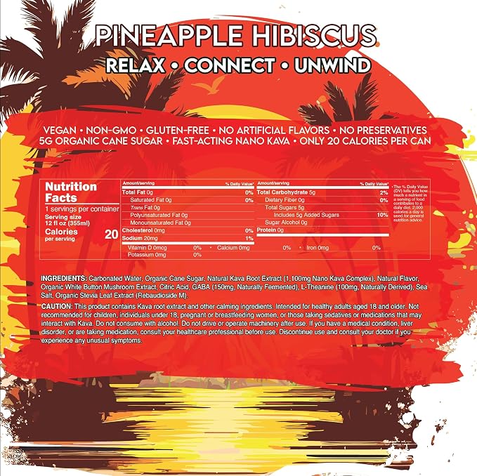 AVA Kava | Alcohol-Free Relaxation Drink | Pineapple Hibiscus | Fast Acting Nano Kava • Zero Sugar Alcohols • Vegan • Plant Based • No Preservatives • Natural Flavors • Non GMO • Gluten Free | 12oz Cans (6-Pack)
