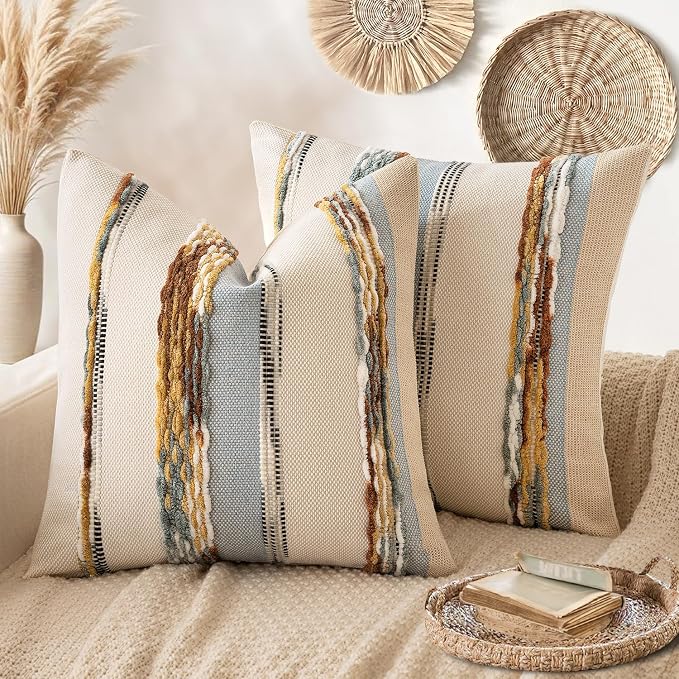 ANRODUO Boho Decorative Pillow Covers 20x20 Blue-Earth Tones Pack of 2 | Throw Pillow Covers, Farmhouse Cushion Case, Chenille Pillow Cases, Pillow Covers, Neutral Pillowcase for Sofa Couch Bed