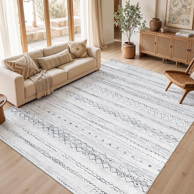 cotiled 9x12 Area Rugs Living Room Rug: Washable Boho Rugs with Non Slip Backing Large Soft Indoor Stain Resistant Carpet for Bedroom Farmhouse Dining Room Lightweight Home Decor Grey