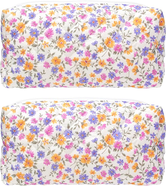 PAZIMIIK Small Quilted Makeup Bag,Zipper Cosmetic Pouch,Ditsy Floral,2 Pack | Lightweight Cosmetic Bag Organizer for Women,Purse Storage Holds Makeup,Toiletries,Skincare,Beauty Essentials,Travel Items