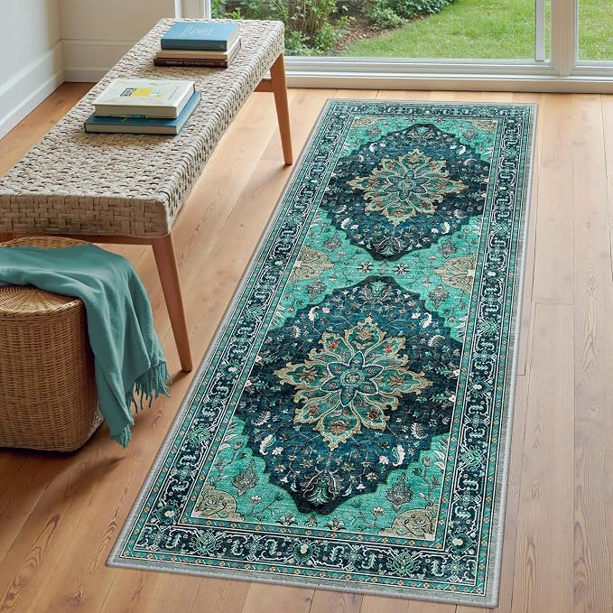 RELEANY Area Rugs Runner 3'x8' Washable Non-Slip, Floral Vintage Distress Medallion Carpet for Kitchen Hallway Bedroom Beside Laundry Room Bathroom, Teal Green Lake Blue Turquoise