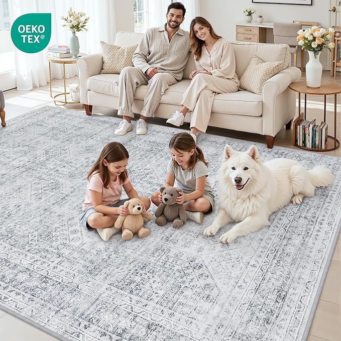 6x9 Area Rugs for Living Room: Vintage Boho Neutral Washable Rug Indoor Soft Large Area Rug Carpet for Bedroom Nursery Farmhouse Dining Room Office Floor Non-Slip Low Pile Under Table Rug Gray