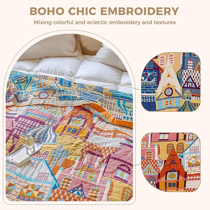 LUTBM Boho Throw Blanket for Bed 60"x80", All Season Cotton Couch Blankets | Reversible Classical Architecture Jacquard, All-Season Twin Lightweight Quilt, For Chair Sofa Bedroom Living Room Decor
