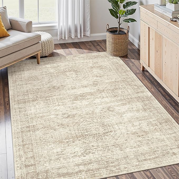 Soalmost 4x6 Area Rug for Living Room, Washable Rugs Non-Slip, Beige | Vintage Low-Pile Carpet for Dining Bedroom, Thin Foldable Stain Resistant Floor Mat Nursery Under Table Home Office Decor