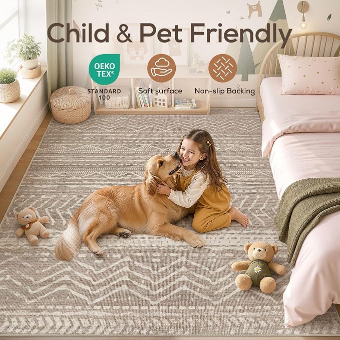 6x8 Area Rugs Living Room: Washable Boho Large Neutral Soft Rug Farmhouse Stain Resistant Modern Indoor Non-Slip Floor Carpet for Bedroom Nursery Kids Playroom Office Dining Room Dorm- Dark Brown