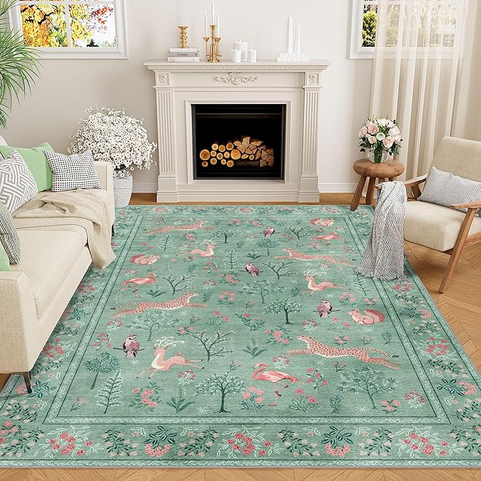 DUKINO 5x7 Area Rugs, Washable Animal Rug for Living Room Non Slip, Teal | Low Pile, Soft Indoor Carpet for Bedroom, Kids Room, Dining Room, Pet Friendly, Farmhouse, Stain Resistant, Non-Shedding