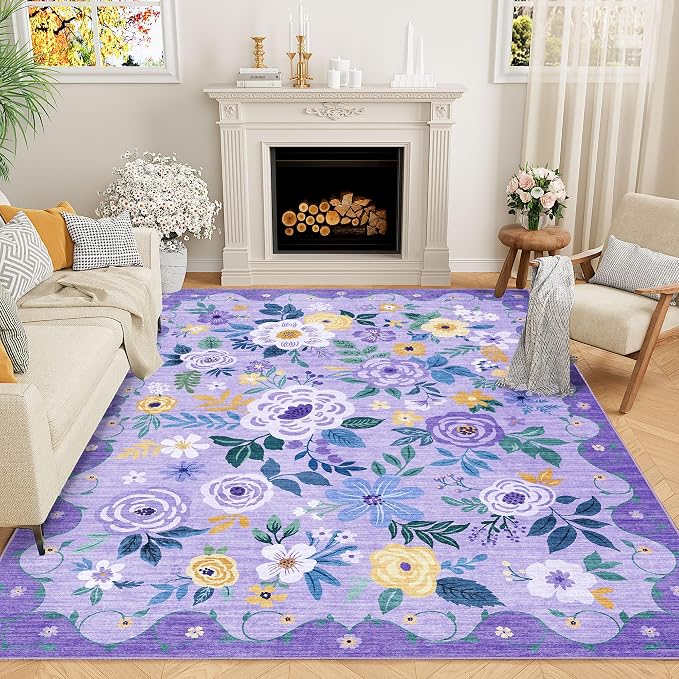 DUKINO 6x9 Area Rugs, Floral Washable Rug for Bedroom Non Slip, Purple | Soft, Low Pile, Large Indoor Rug for Living Room, Dining Room, Kids Room, Office, Pet Friendly, Home Decor, Stain Resistant
