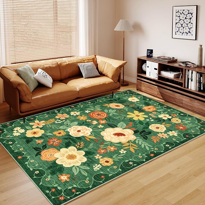 DUKINO 5x7 Area Rug Floral Washable Rug for Living Room Non Slip Dark Green | Soft, Low Pile, Stain Resistant Indoor Rug for Bedroom, Dining Room, Office, Pet Friendly, Lightweight, Modern Home Decor