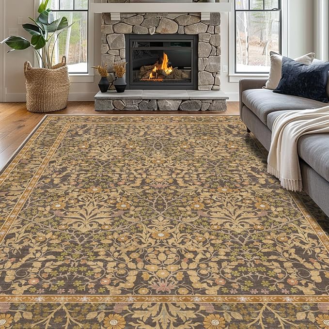Area Rug for Living Room, 10x12 Large Washable Rugs for Dining Room, Bedroom, Non Slip Stain Resistant Carpet, Low Pile Vintage Floral Rug (Goldenrod)