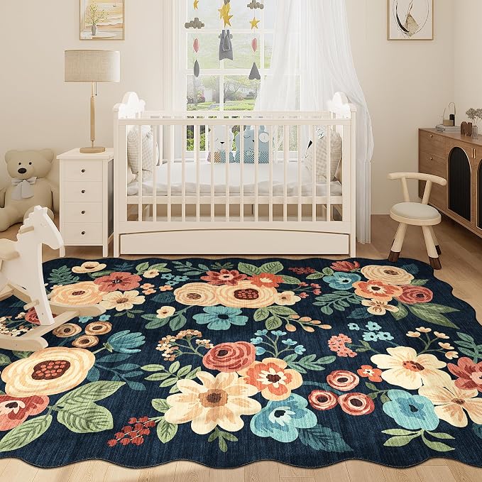 DUKINO 5x7 Area Rugs for Bedroom, Floral Washable Rug Non Slip, Navy Blue | Low Pile, Soft, Stain Resistant Throw Rugs for Living Room, Dining Room, Office, Nursery, Pet Friendly, Modern Home Decor